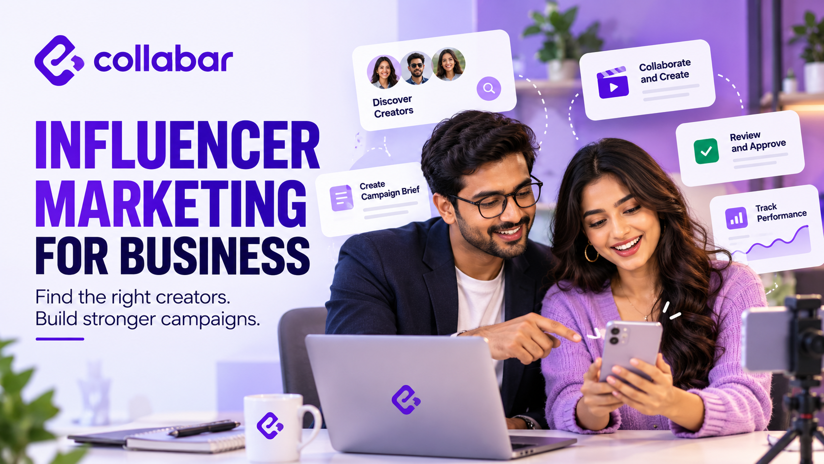 Influencer marketing for businesses, showing brand and creator collaboration, campaign planning, and performance tracking.